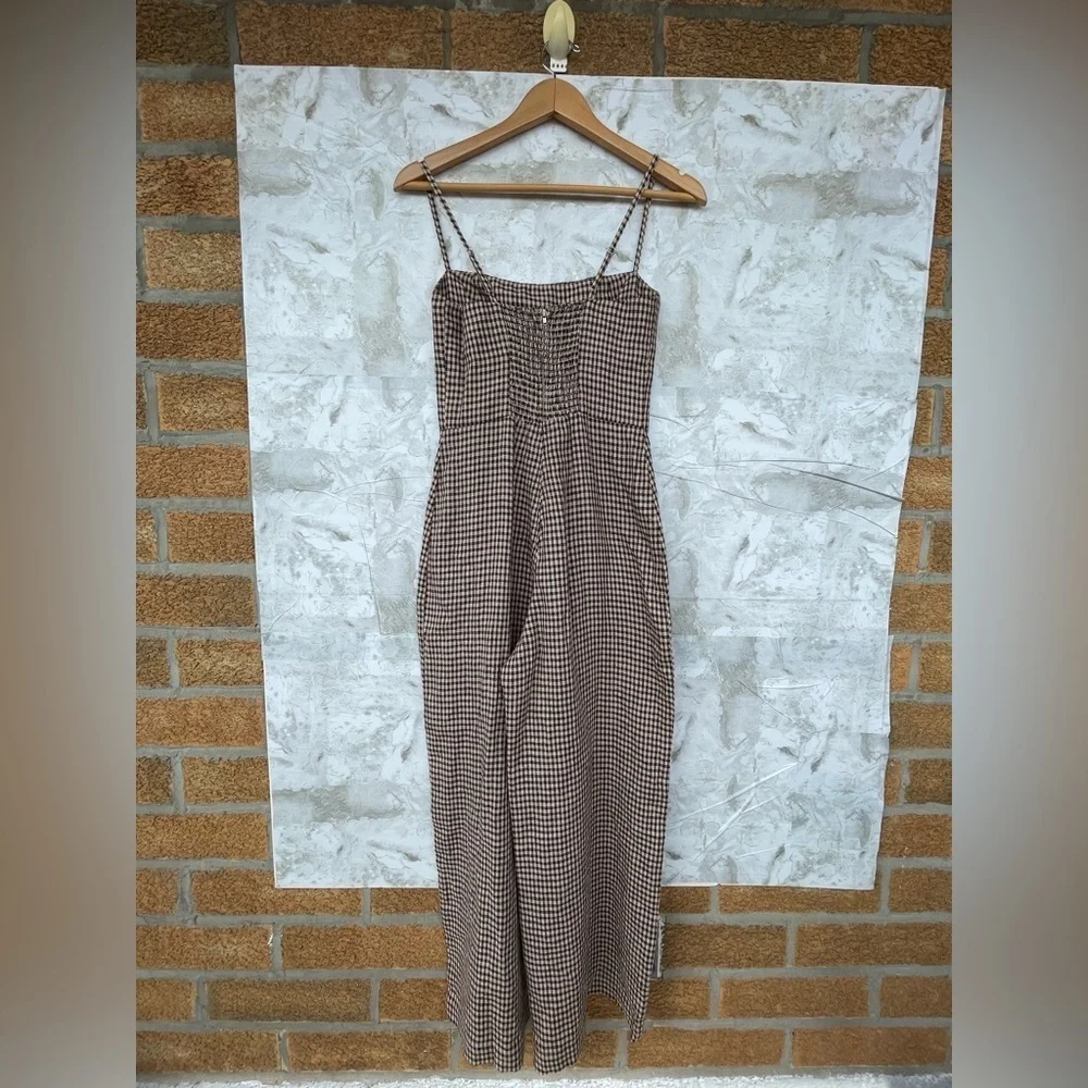 Reformation Overland Linen Jumpsuit In Tartine Check (Brown/Tan Checkered) sz2
